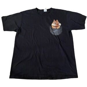 Port & Company Black Tee Shirt with Chipmunk Graphic Ring Spun 100% Cotton L